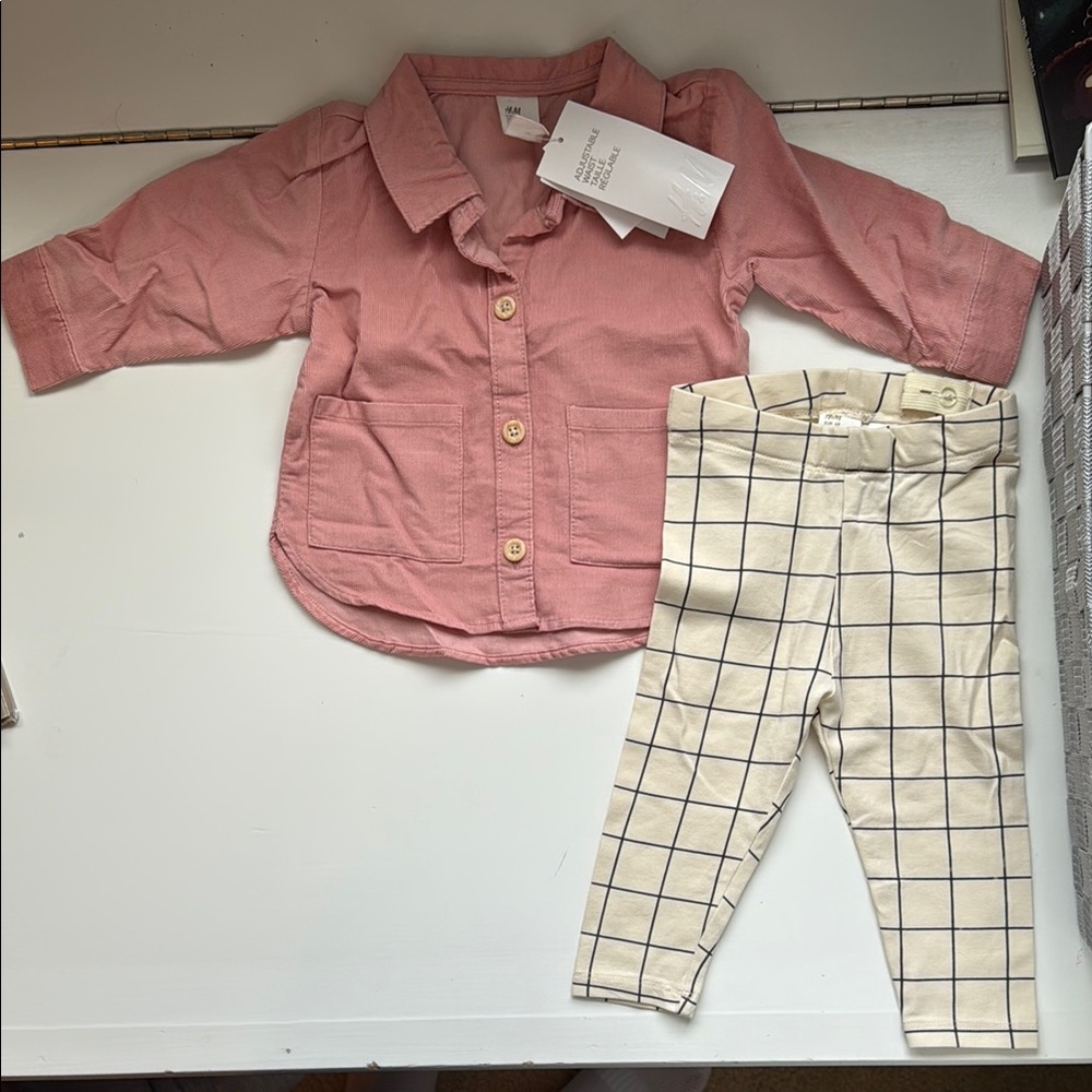 Pink Button-Up Shirt and Checkered Leggings Set
